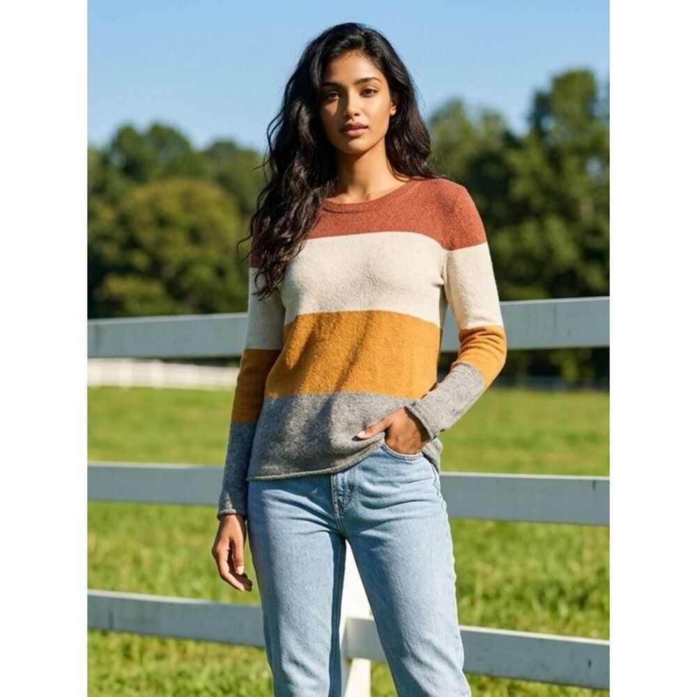 NWT Pinque Women’s Color Block Long Sleeve Crew Neck Sweater Brown/Cream - XL
